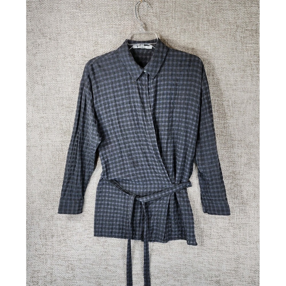 T by Alexander Wang Wrap Blouse Womens 6‎ Gray Check Viscose Cotton Wool
